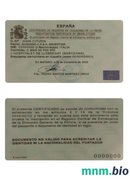Hiszpania świadectwo rejestracji obywatela unii